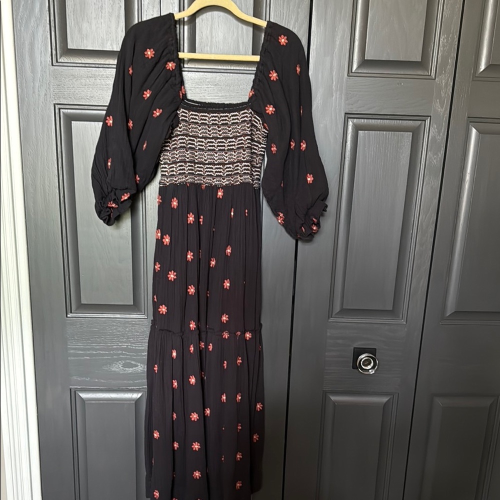 Free People Black and Pink Smocked Sundress with Bishop Sleeves